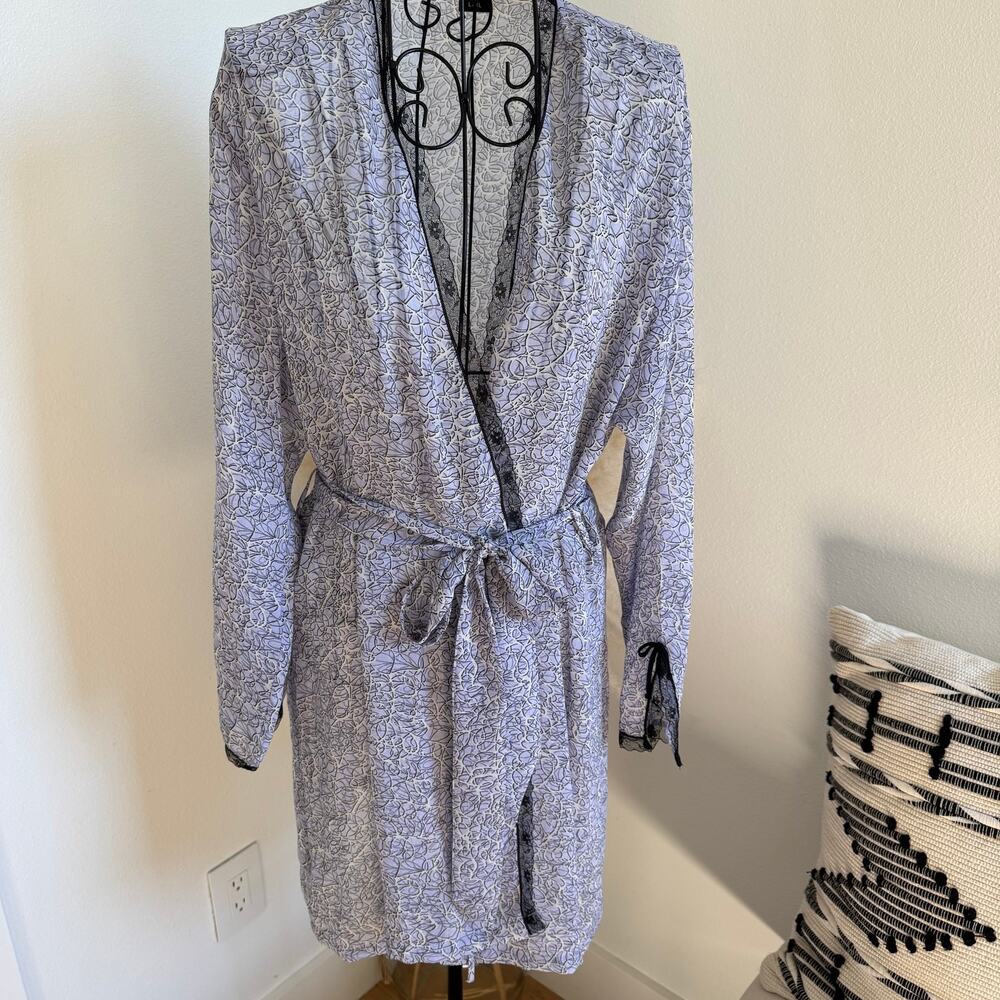 Jones New York Purple White Printed Sheer Lace Kimono Wrap Robe Fairy, Cottage